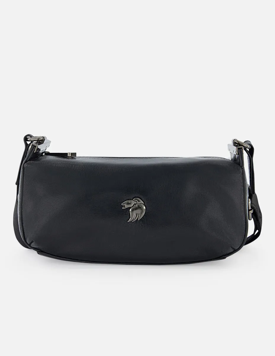Bolso bandolera de textil metalizado color negro para mujer con detalles en piel