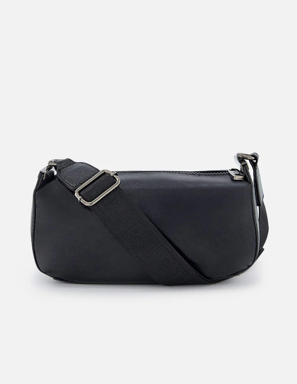 Bolso bandolera de textil metalizado color negro para mujer con detalles en piel