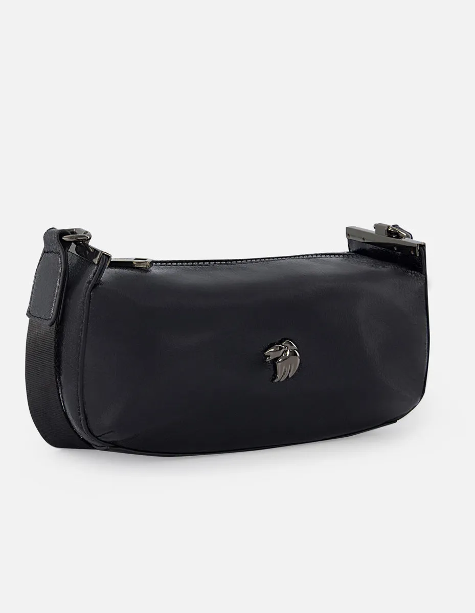 Bolso bandolera de textil metalizado color negro para mujer con detalles en piel