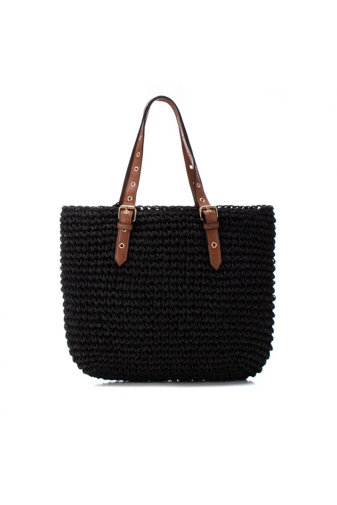 BOLSO DE MUJER RAFIA Y CUERO NEGRO