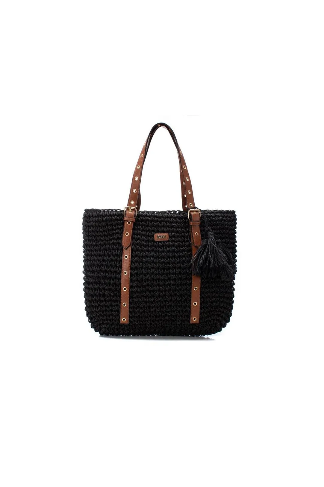 BOLSO DE MUJER RAFIA Y CUERO NEGRO