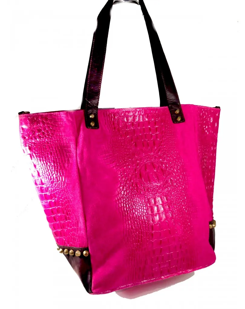 BOLSO DE PIEL, COLOR FUXIA SHOPING,CON REFUERZO EN PIEL Y TACHUELAS, MEDIDAS:40*35*15CM
