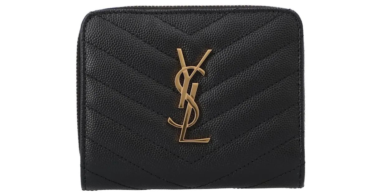 Cartera compacta con cremallera Saint Laurent Cassandre Matelassé en cuero Grain De Poudre negro 