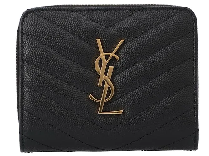 Cartera compacta con cremallera Saint Laurent Cassandre Matelassé en cuero Grain De Poudre negro 