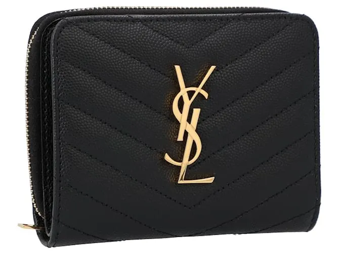 Cartera compacta con cremallera Saint Laurent Cassandre Matelassé en cuero Grain De Poudre negro 