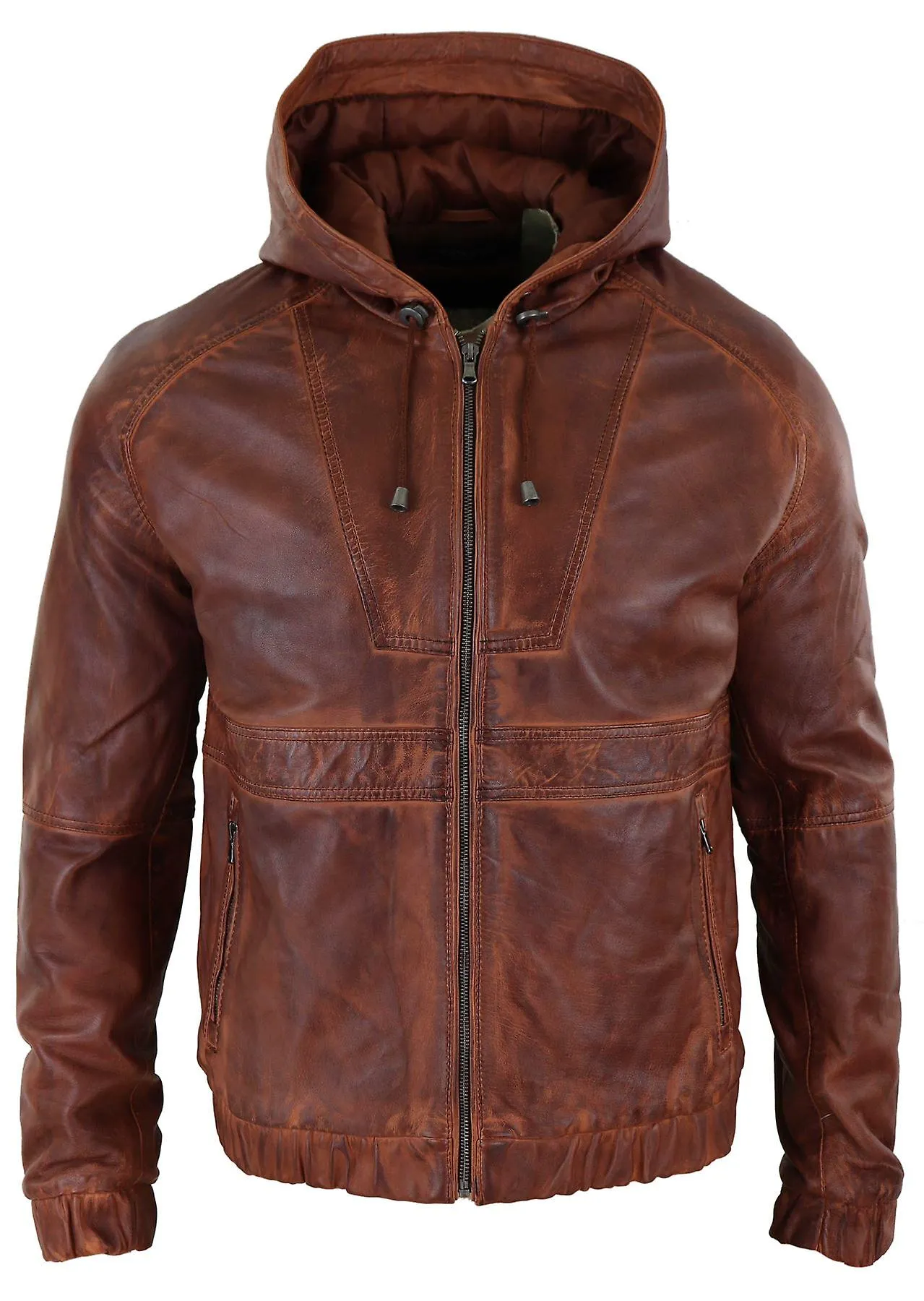 Chaqueta bomber de capucha de cuero real para hombres con cremallera a medida casual
