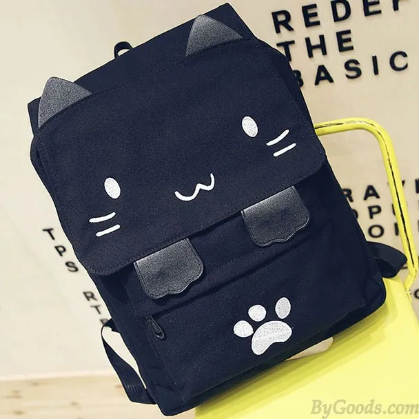 Cute Stereo Embroidery Cartoon Cat Square Large Animal Kitten Canvas Girl's School Backpack