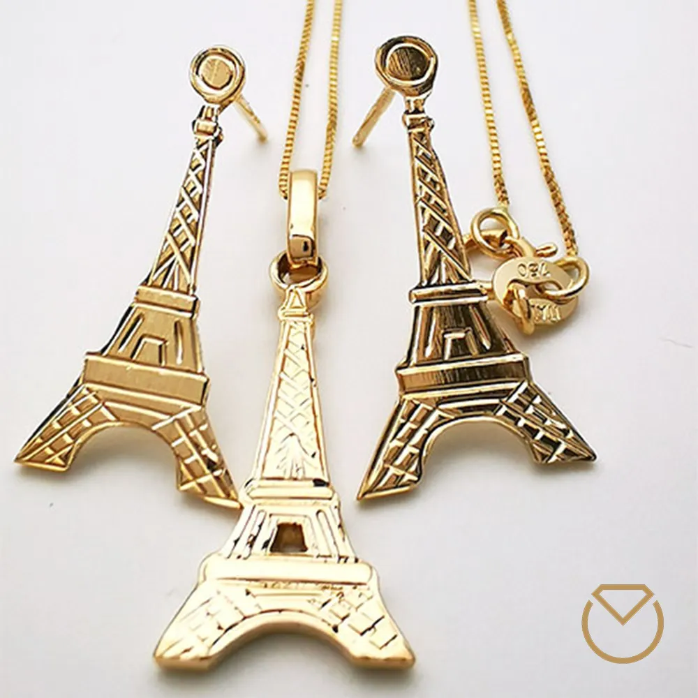 Dije Aretes y Cadena Torre Eiffel Oro 18k