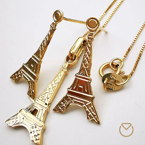 Dije Aretes y Cadena Torre Eiffel Oro 18k