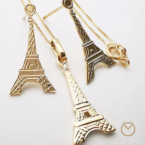Dije Aretes y Cadena Torre Eiffel Oro 18k
