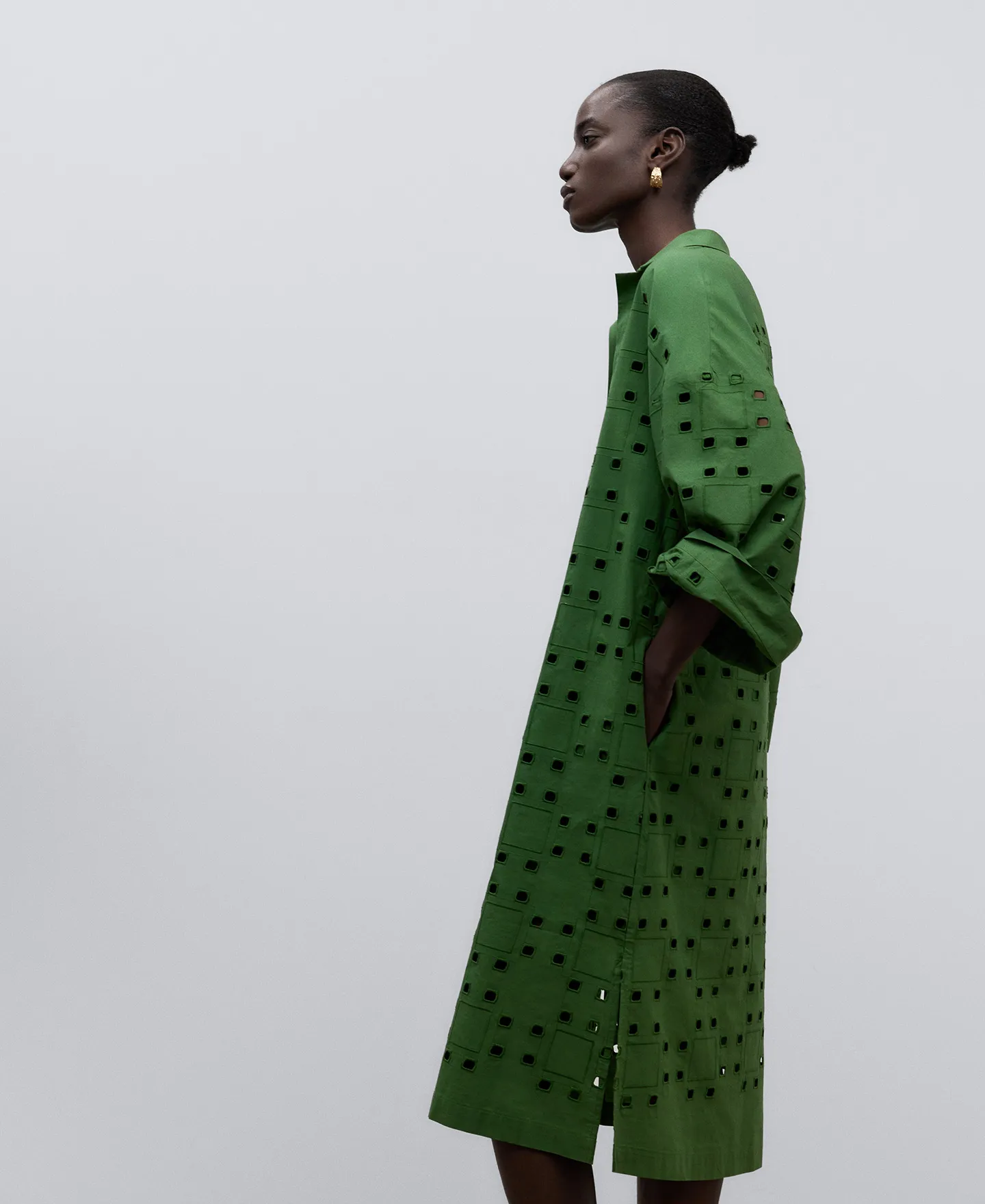 English embroidery green dress woman