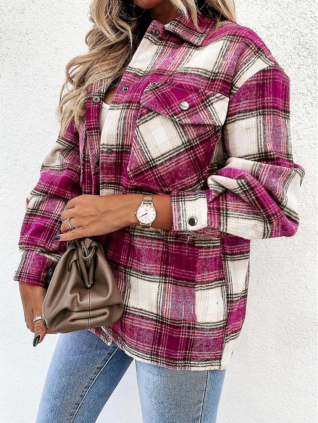 Forro de manga larga de otoño/invierno para mujer Camisa casual casual a cuadros vintage #rose rojo
