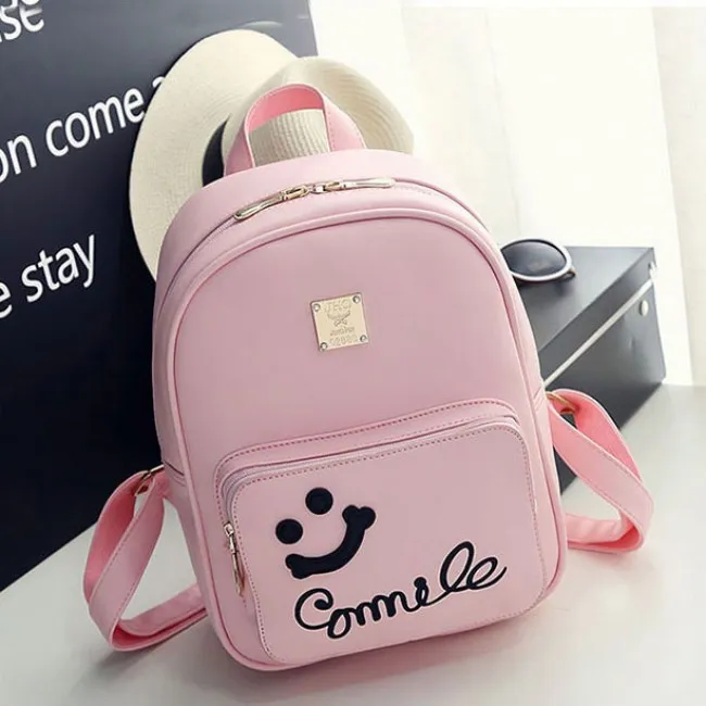 Fresh Smile Face Black Pink Solid School Backpack