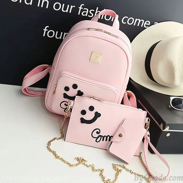 Fresh Smile Face Black Pink Solid School Backpack