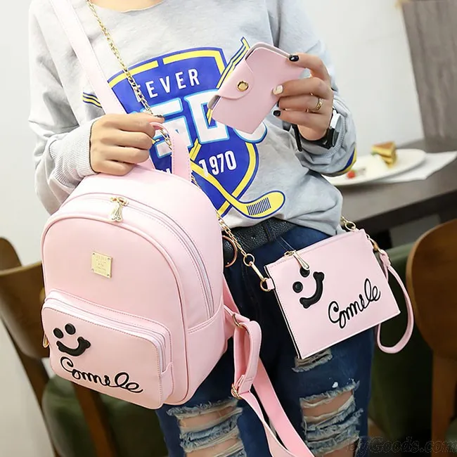 Fresh Smile Face Black Pink Solid School Backpack