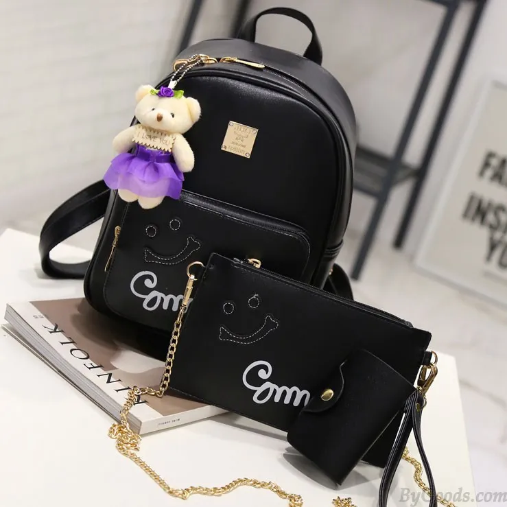 Fresh Smile Face Black Pink Solid School Backpack