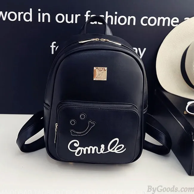 Fresh Smile Face Black Pink Solid School Backpack