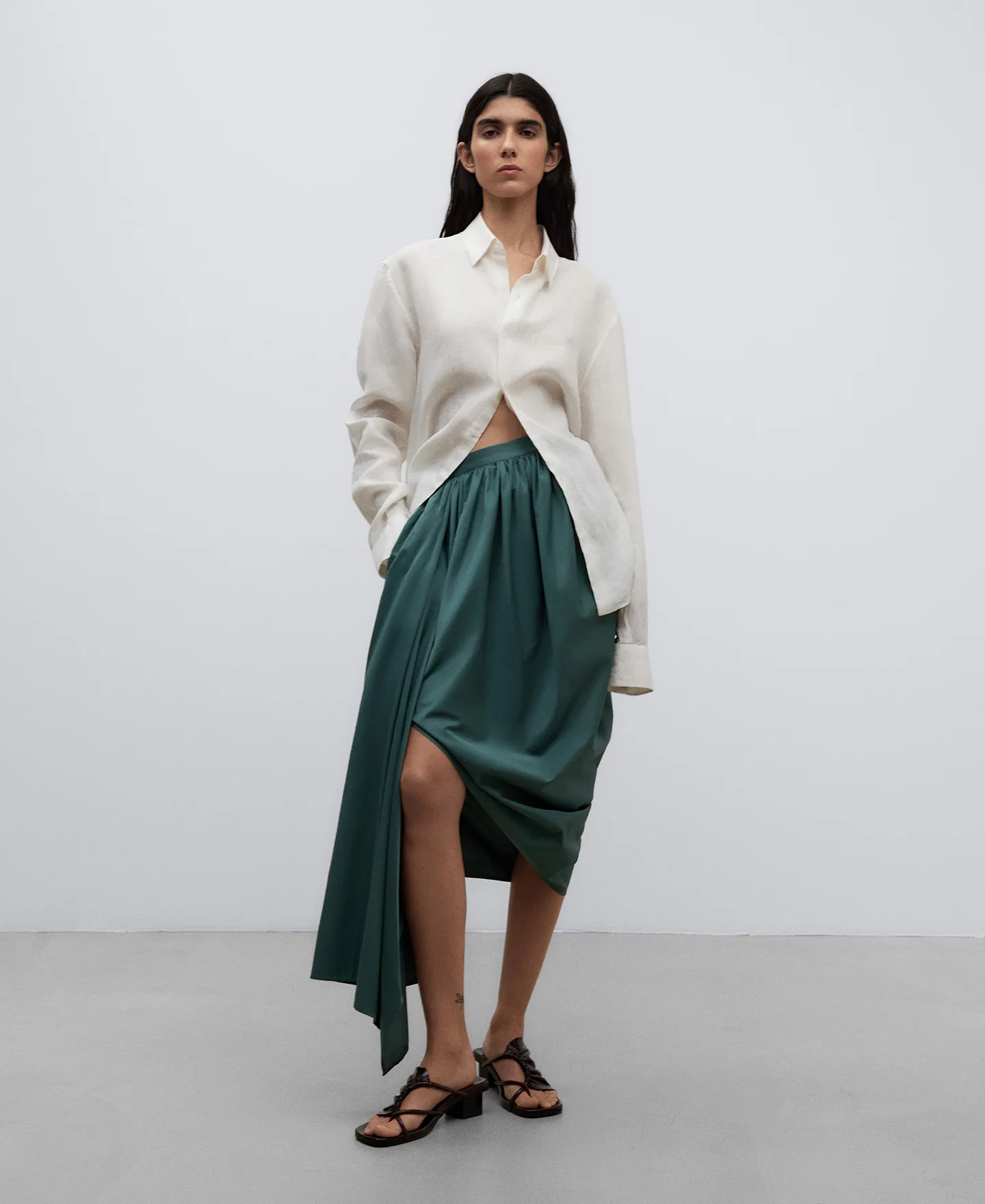 Green draped pencil skirt woman