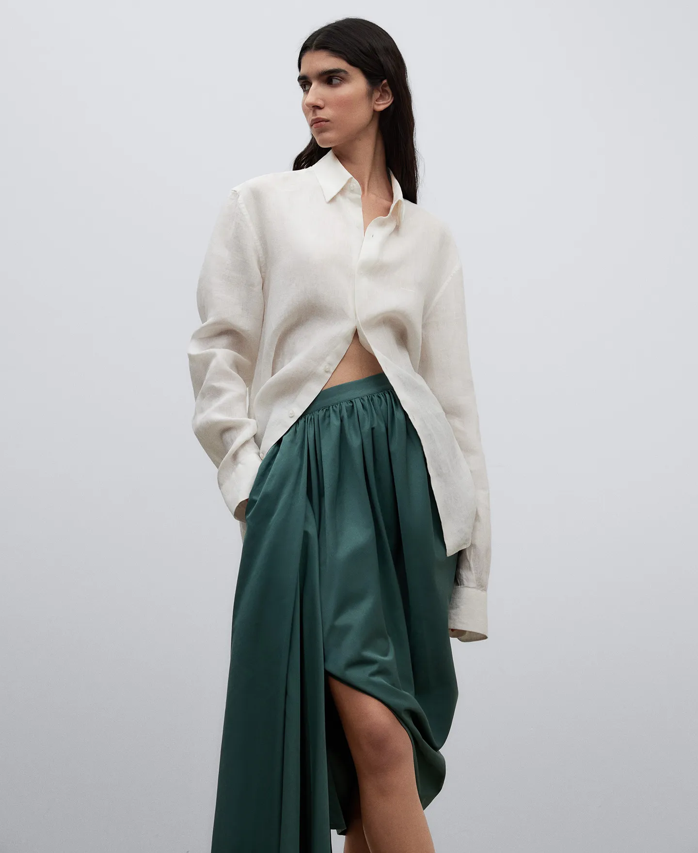 Green draped pencil skirt woman