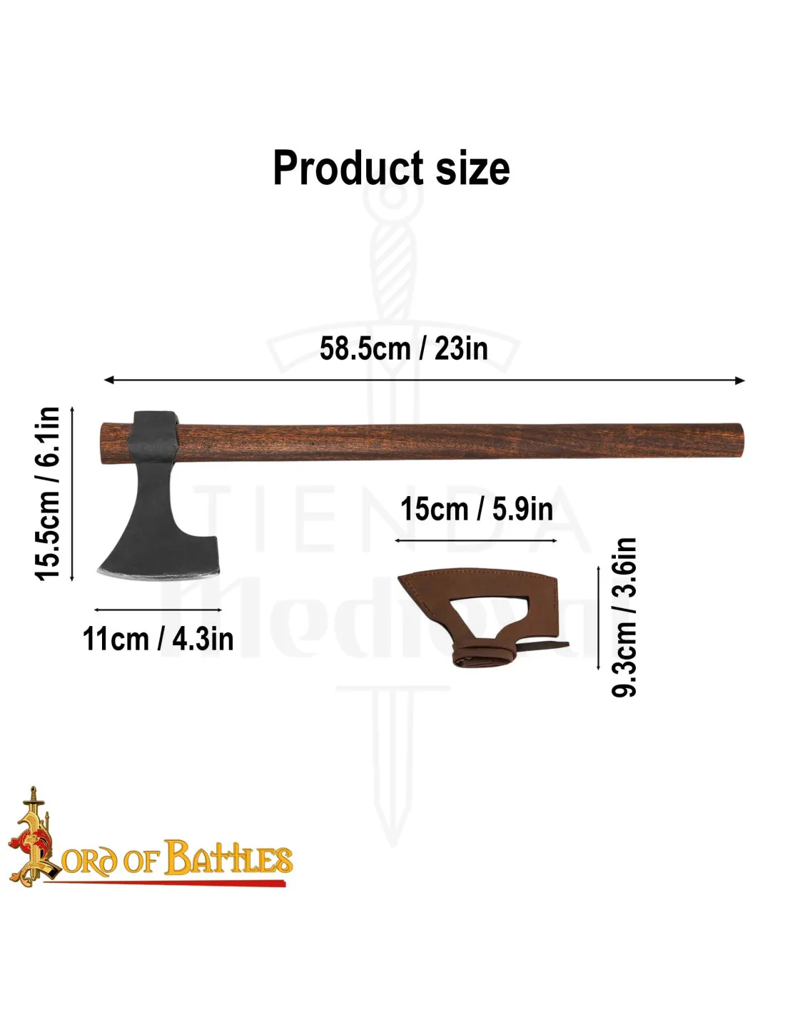Hacha vikinga acero con funda de cuero (58,5 cm.)