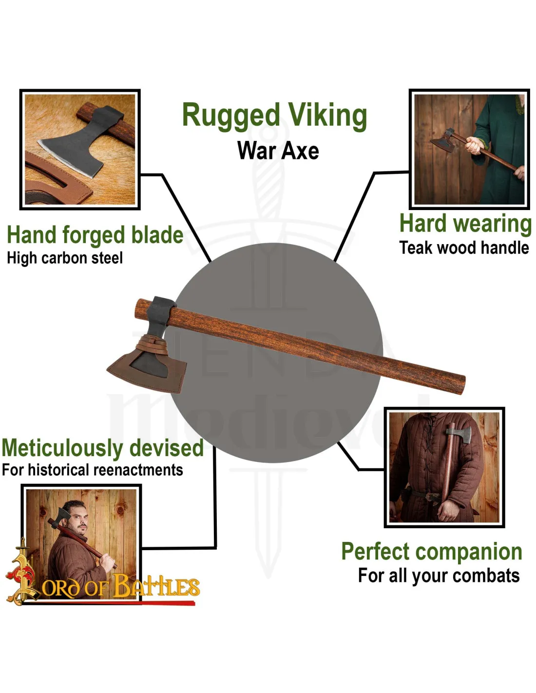 Hacha vikinga acero con funda de cuero (58,5 cm.)