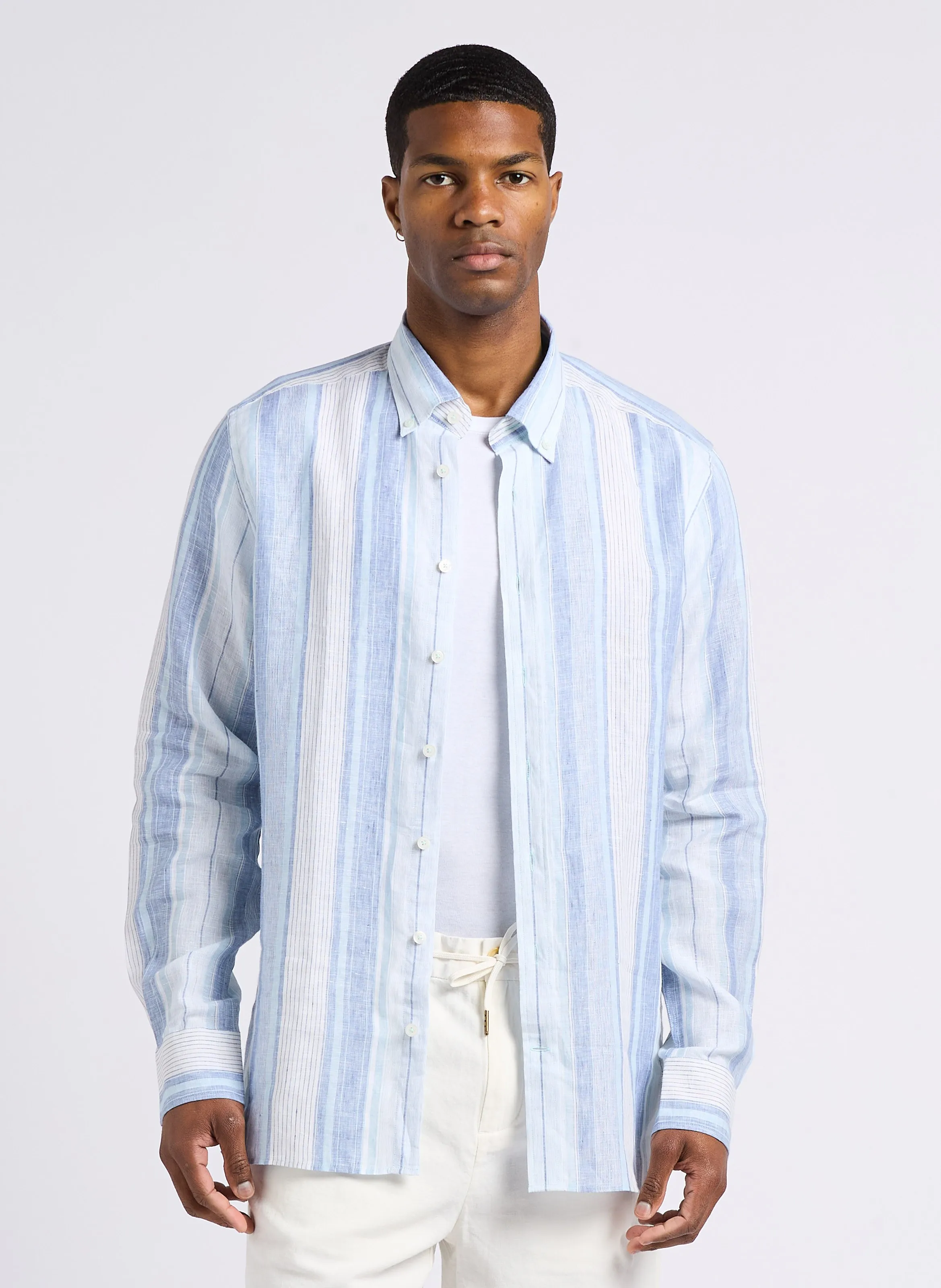 HACKETT Camisa de cuello americano a rayas de lino en multicolor