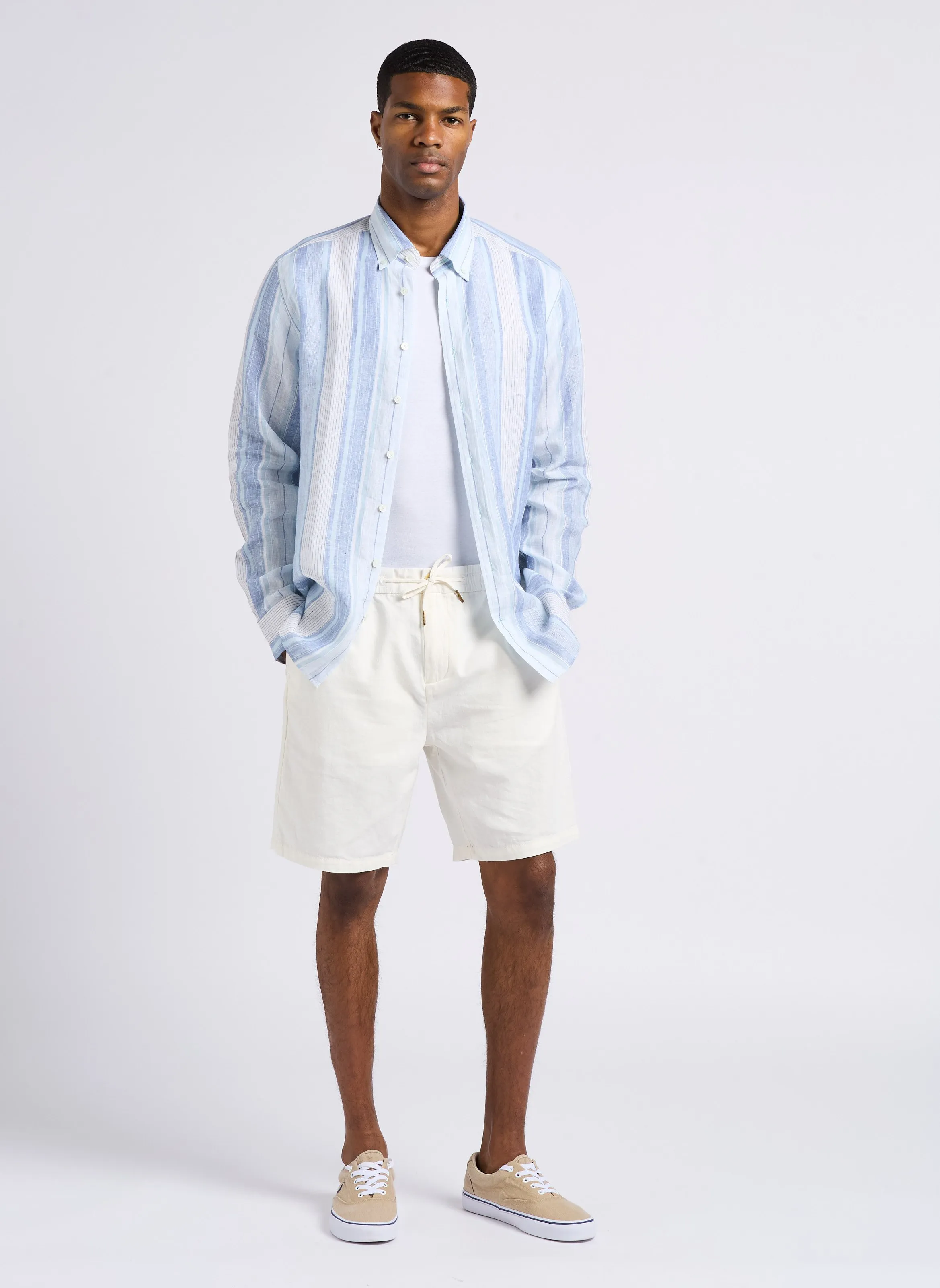 HACKETT Camisa de cuello americano a rayas de lino en multicolor
