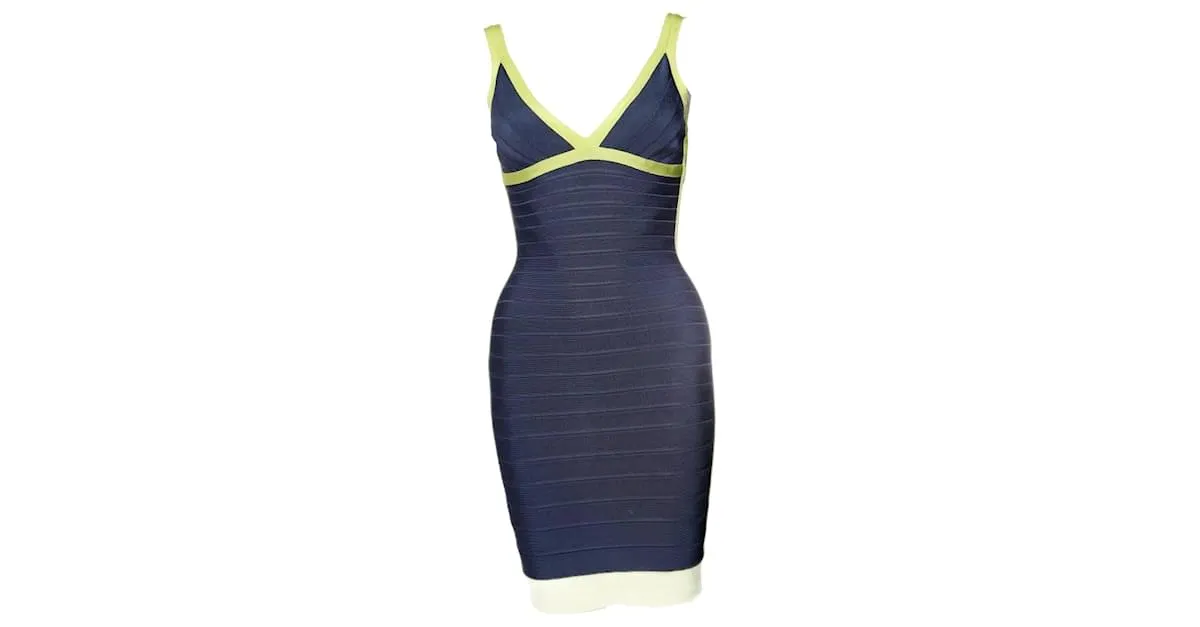 Herve Leger Herir legir, vestido ajustado azul con marco verde lima en talla S. 