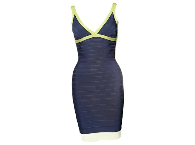 Herve Leger Herir legir, vestido ajustado azul con marco verde lima en talla S. 