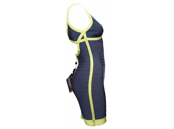 Herve Leger Herir legir, vestido ajustado azul con marco verde lima en talla S. 