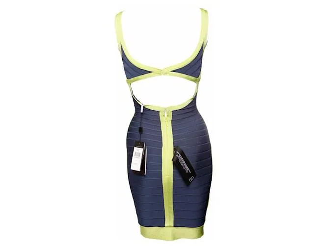 Herve Leger Herir legir, vestido ajustado azul con marco verde lima en talla S. 
