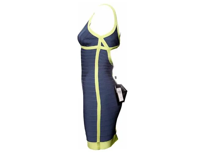 Herve Leger Herir legir, vestido ajustado azul con marco verde lima en talla S. 