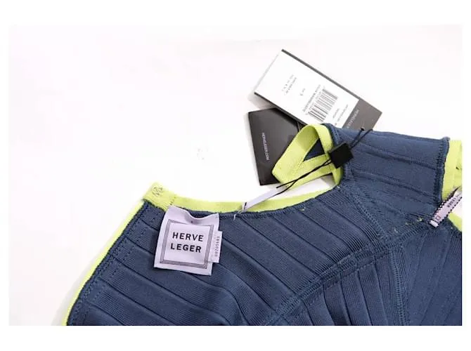 Herve Leger Herir legir, vestido ajustado azul con marco verde lima en talla S. 