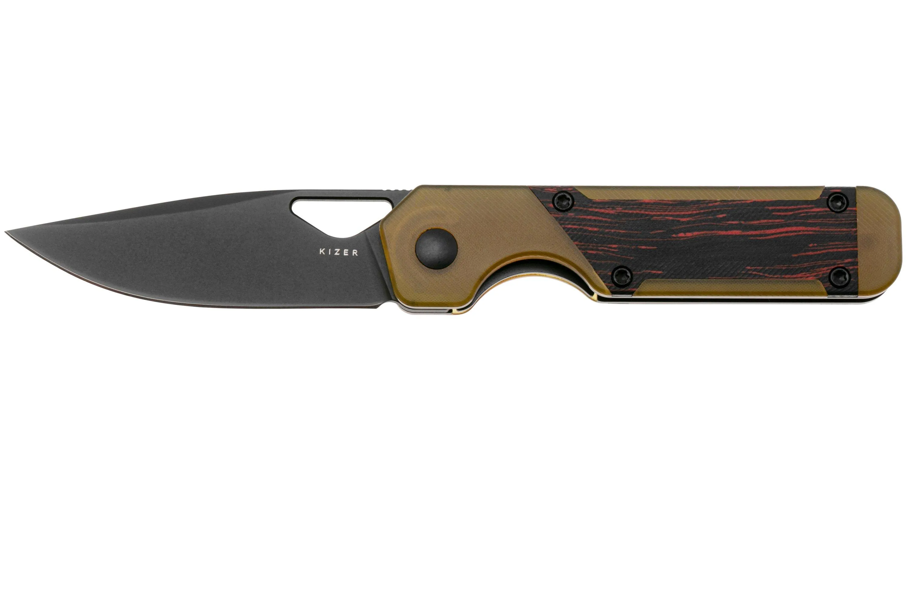 KIZER VANGUARD MINI MILITAW V3634SA1 LINER LOCK, BLACK NITROV, BLACK AND RED G10, PEI ULTEM INLAY, NAVAJA, JONATHAN STYLES DESI
