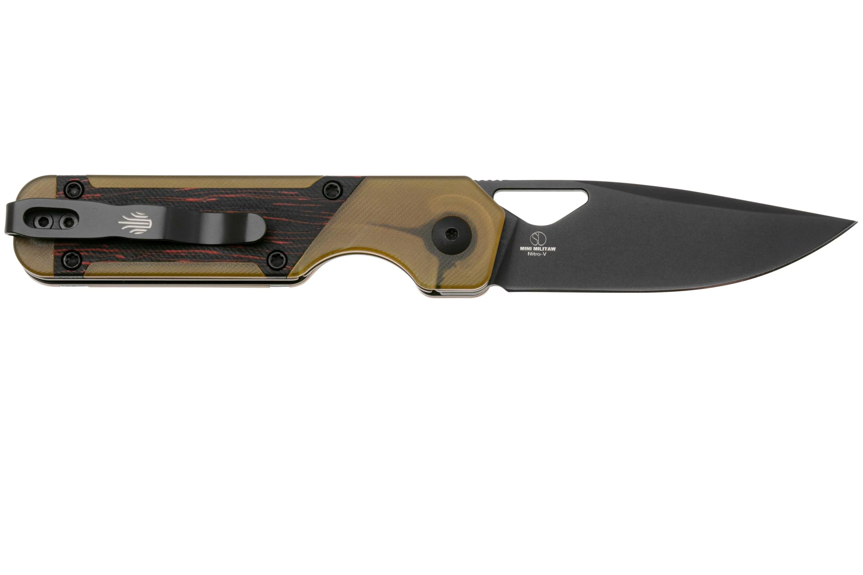 KIZER VANGUARD MINI MILITAW V3634SA1 LINER LOCK, BLACK NITROV, BLACK AND RED G10, PEI ULTEM INLAY, NAVAJA, JONATHAN STYLES DESI