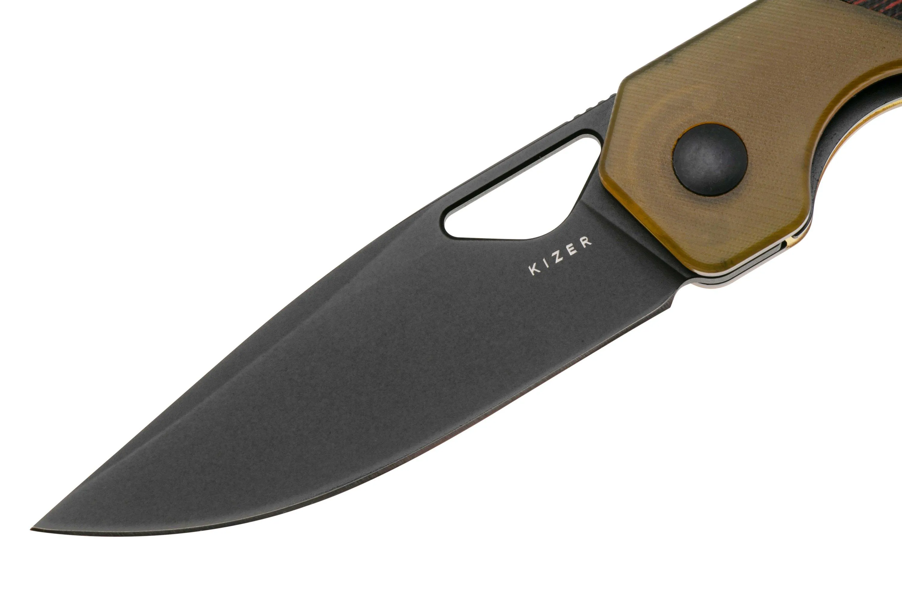 KIZER VANGUARD MINI MILITAW V3634SA1 LINER LOCK, BLACK NITROV, BLACK AND RED G10, PEI ULTEM INLAY, NAVAJA, JONATHAN STYLES DESI