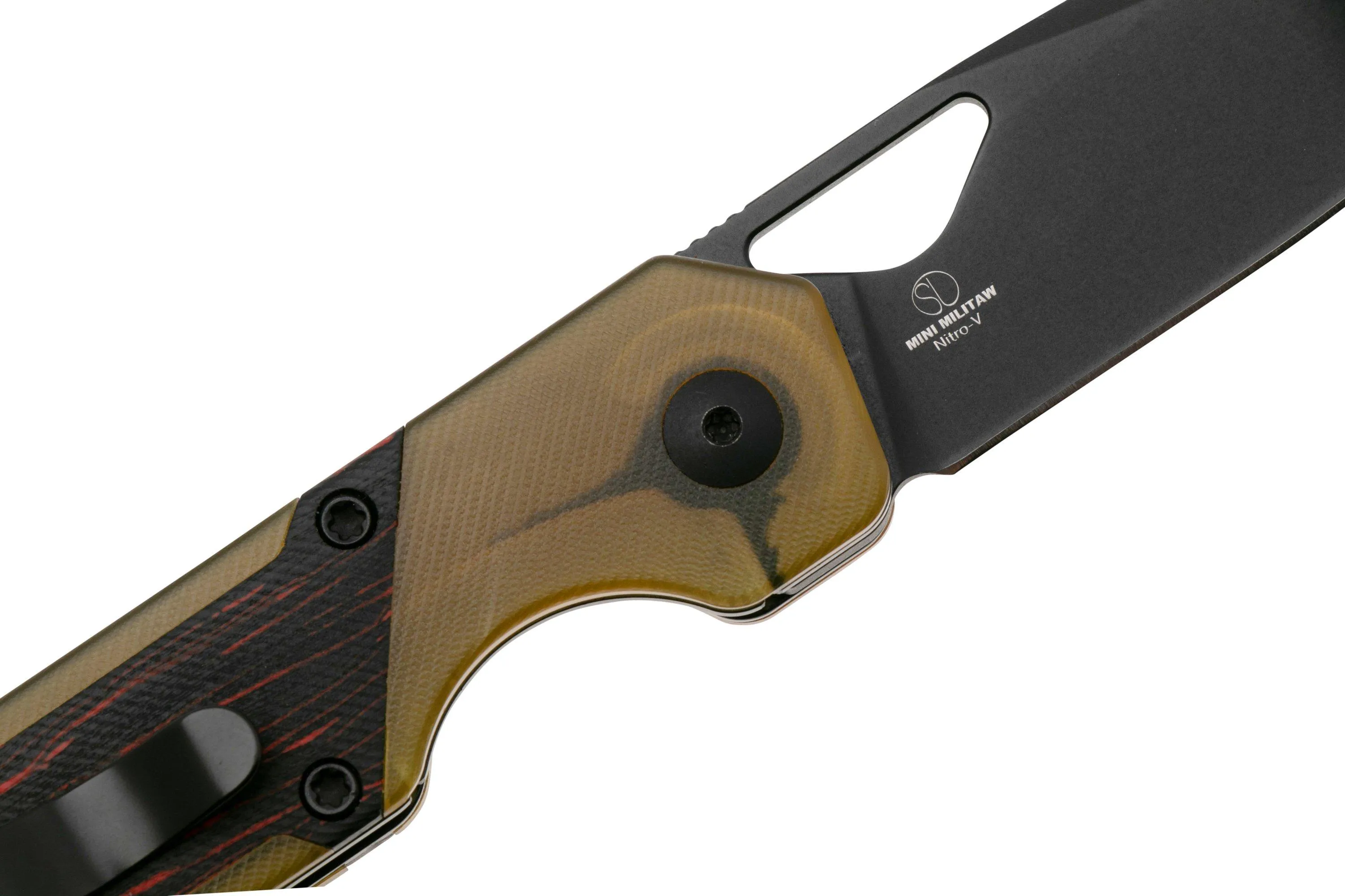 KIZER VANGUARD MINI MILITAW V3634SA1 LINER LOCK, BLACK NITROV, BLACK AND RED G10, PEI ULTEM INLAY, NAVAJA, JONATHAN STYLES DESI