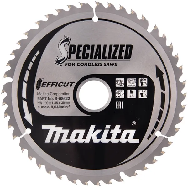 MAKITA  SPECIALIZED  HOJA DE SIERRA CIRCULAR,MADERA, 190X30X1.45MM, 45 DIENTES