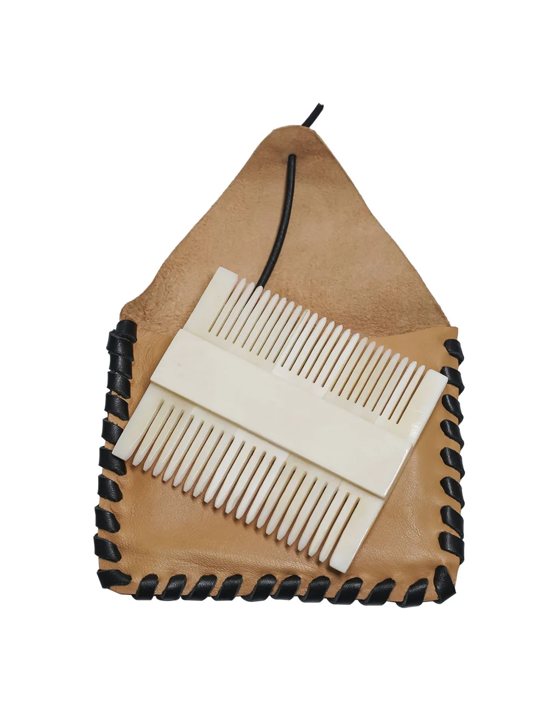 Peine doble de hueso con funda cuero (8 x 6,8 cm.)