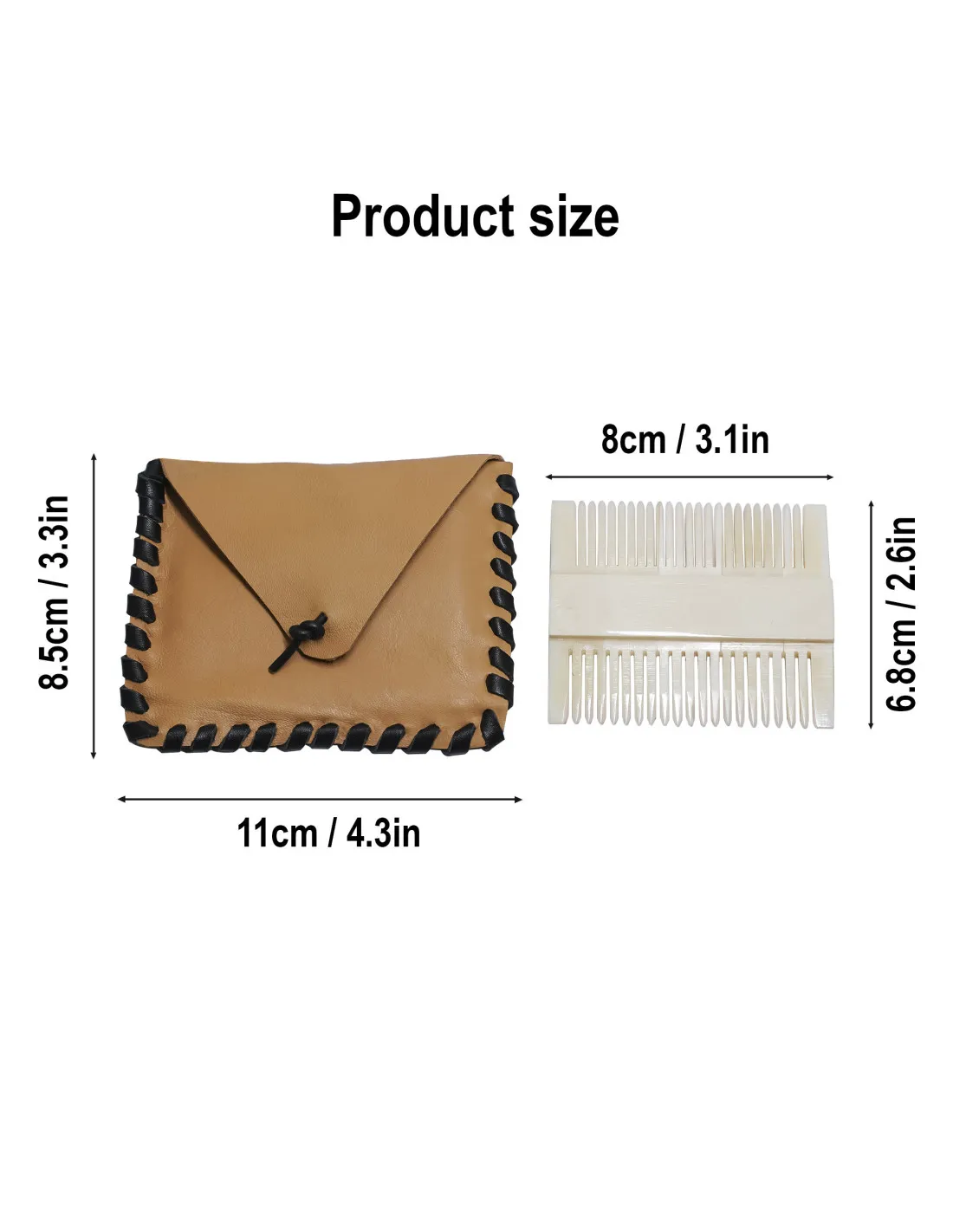 Peine doble de hueso con funda cuero (8 x 6,8 cm.)