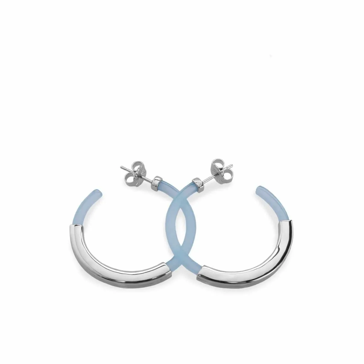 Pendientes aro diseo resina tono azul y banda de plata lisa central