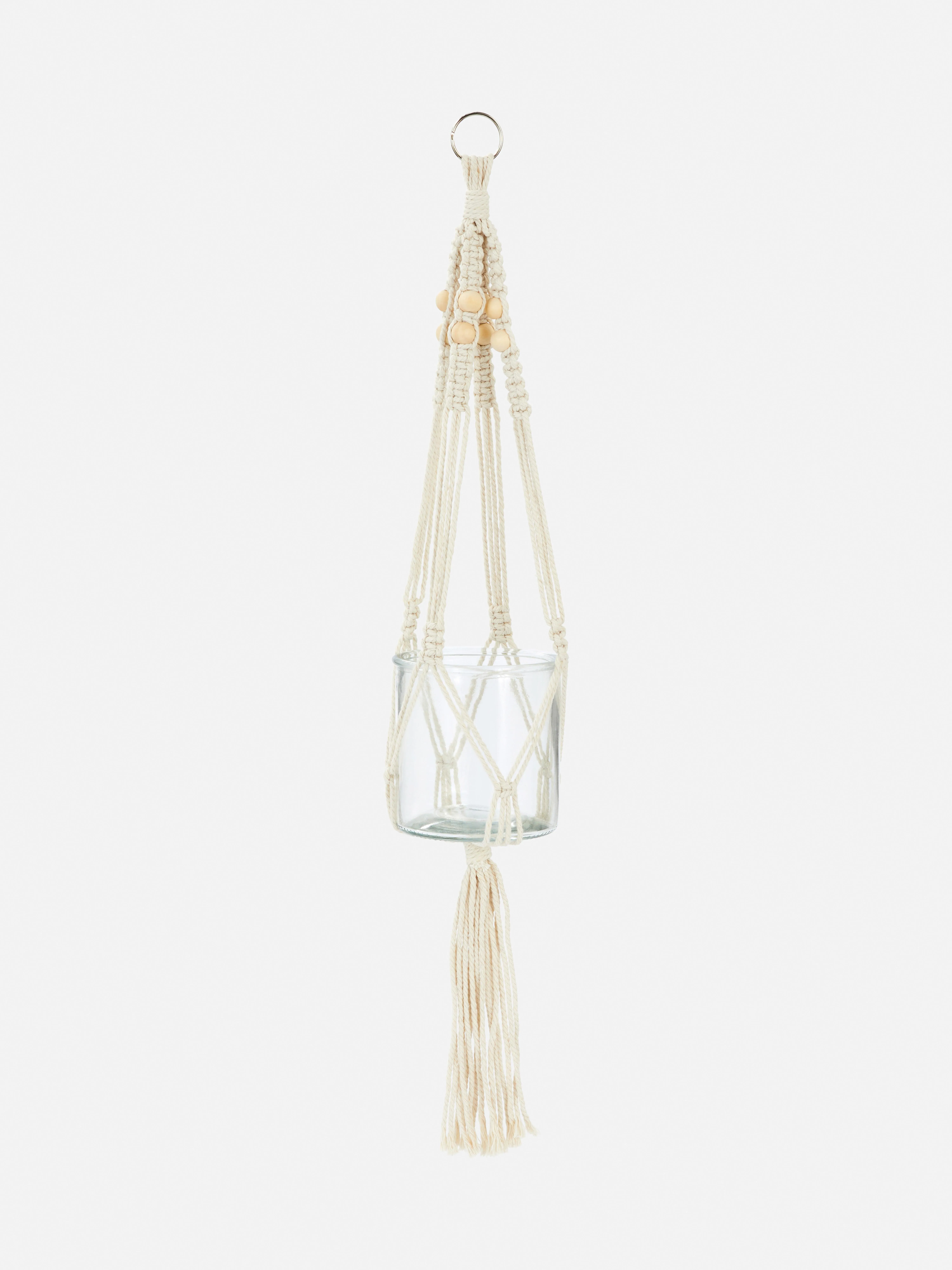 Portavelas de cristal en red de macramé