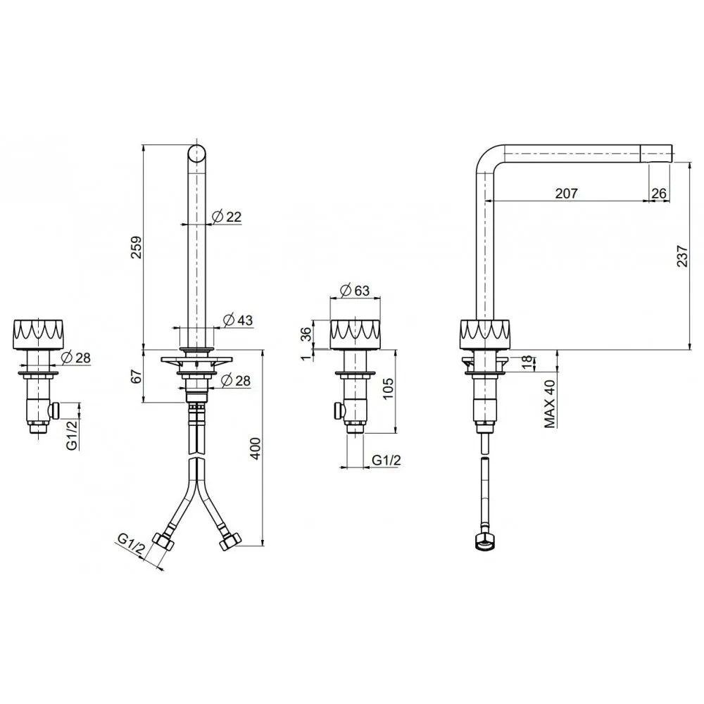 QUADRO DESIGN HB MEZCLADOR DE LAVABO DE 3 AGUJEROS H 259 MM