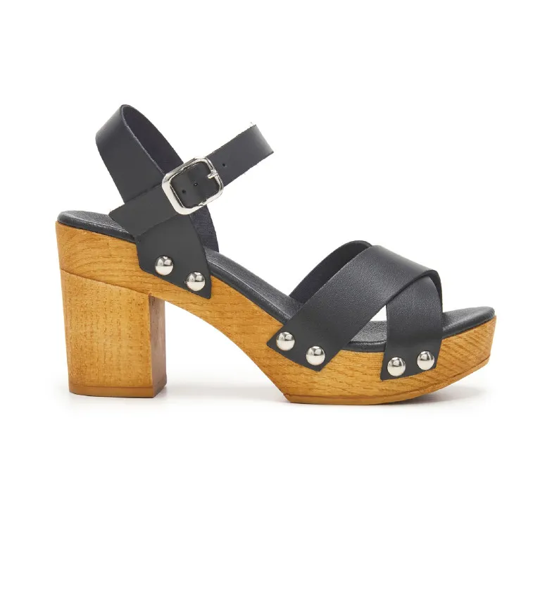 SANDALIAS DE PIEL TACóN MADERA NEGRO ALTURA TACóN 9CM