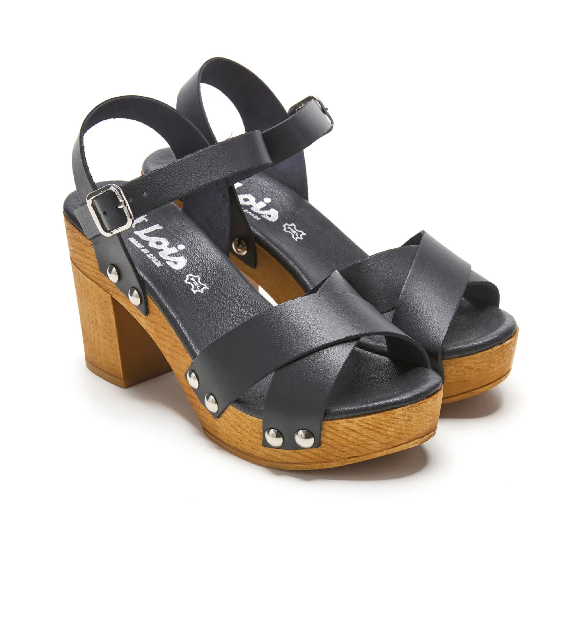 SANDALIAS DE PIEL TACóN MADERA NEGRO ALTURA TACóN 9CM