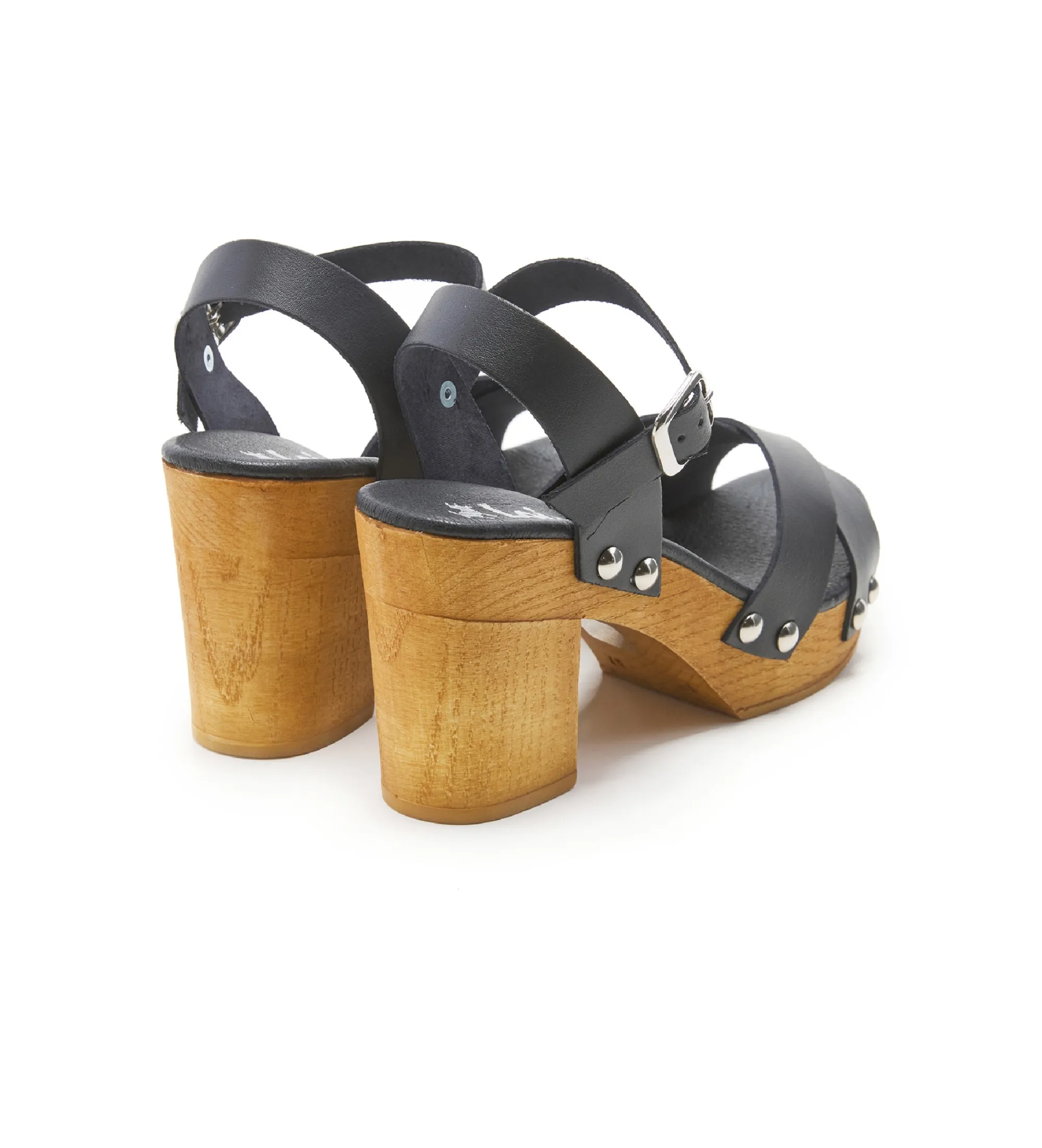 SANDALIAS DE PIEL TACóN MADERA NEGRO ALTURA TACóN 9CM