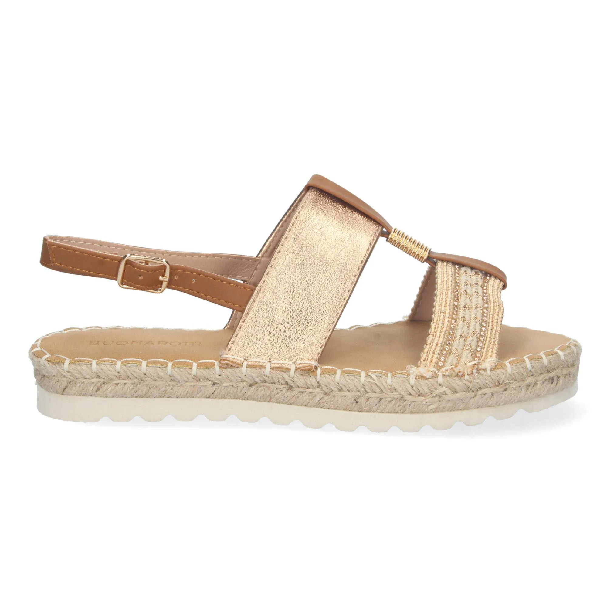 Sandalias planas forradas en yute hebilla mujer color champán