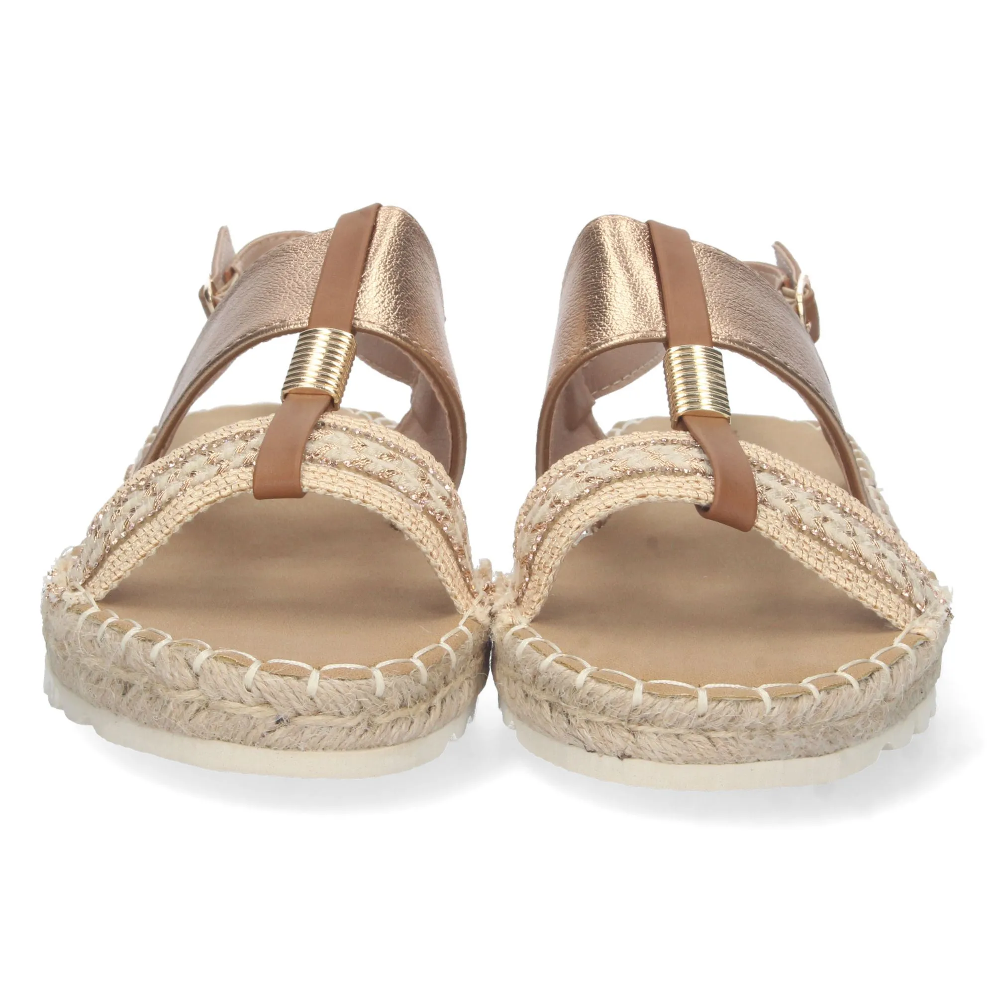 Sandalias planas forradas en yute hebilla mujer color champán