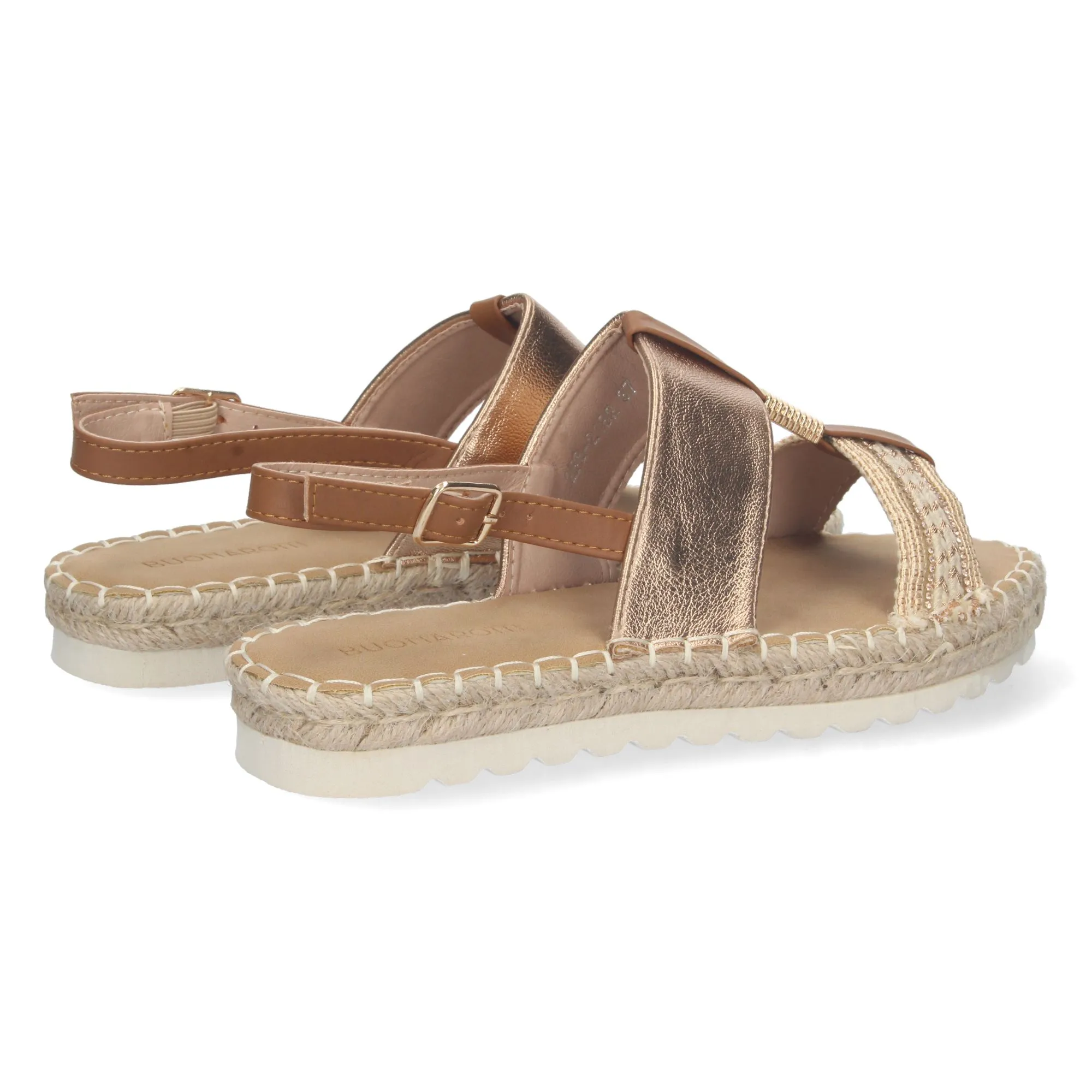 Sandalias planas forradas en yute hebilla mujer color champán