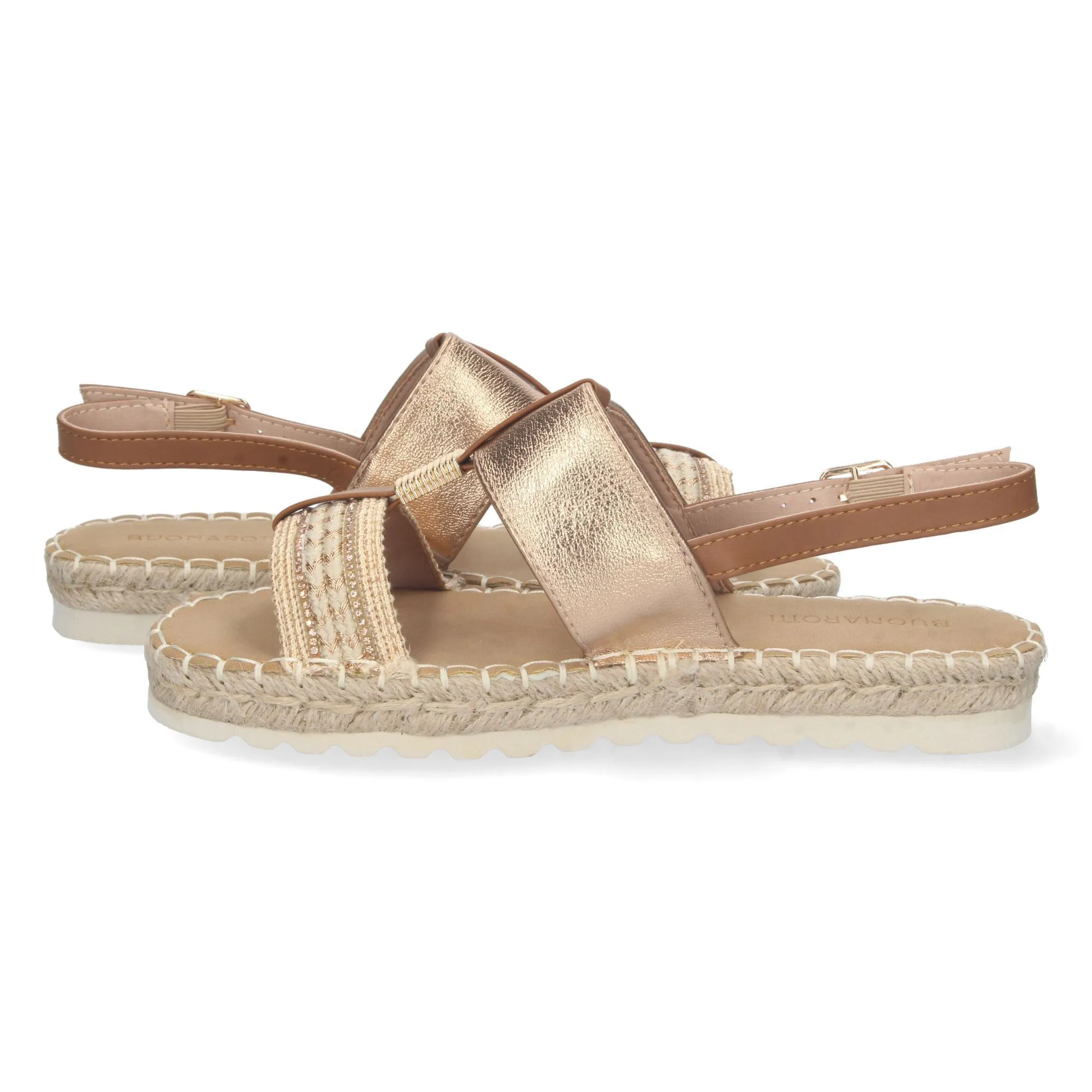 Sandalias planas forradas en yute hebilla mujer color champán